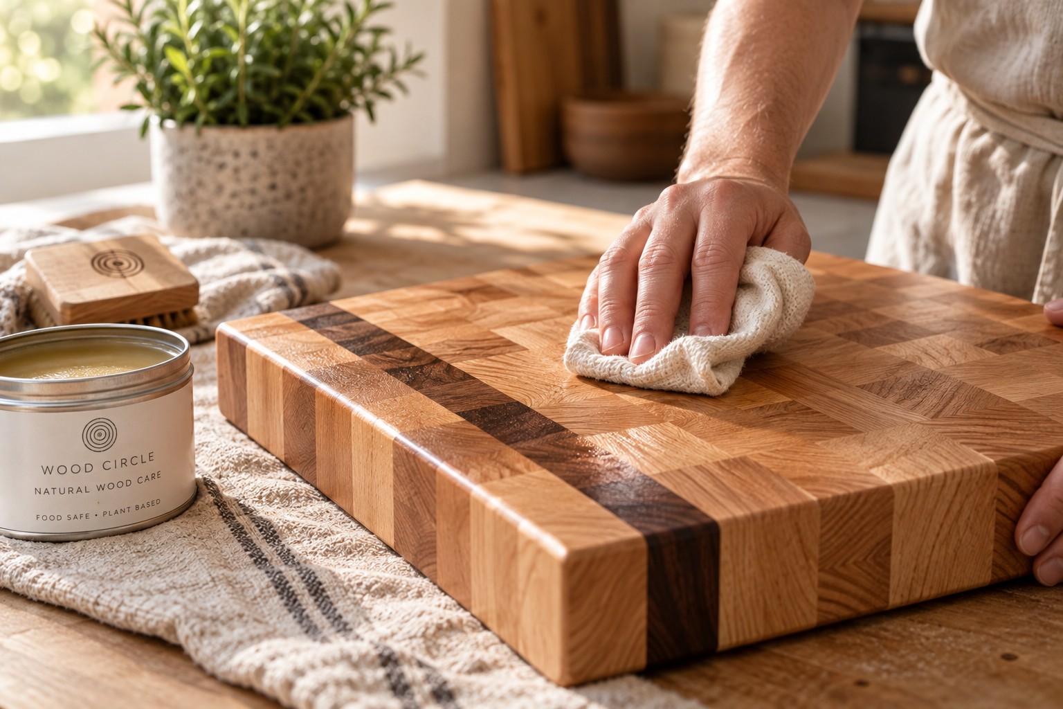 Wood Circle chopping board being cared for